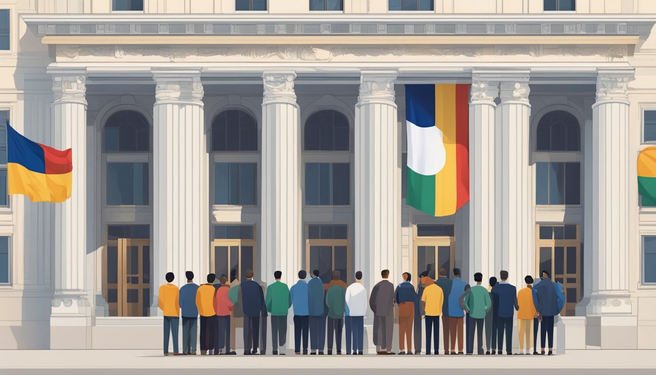 A group of business owners line up outside a government building, eagerly waiting to apply for funded loans. The building is adorned with the national flag, symbolizing the support provided by the government