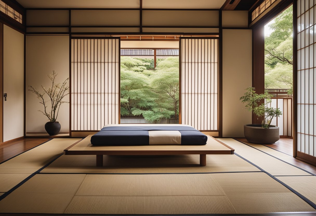 A minimalist tatami mat bed sits against a shoji screen, with sliding doors leading to a small garden. Clean lines and neutral colors create a serene atmosphere