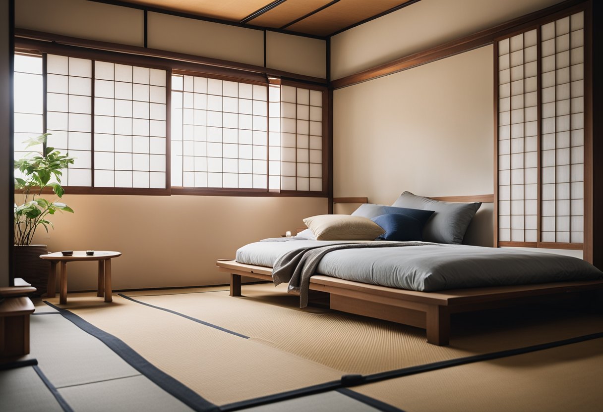 A cozy Japanese small bedroom with minimal furniture, tatami flooring, sliding shoji screens, and a low futon bed. Subtle decor and natural lighting create a peaceful atmosphere