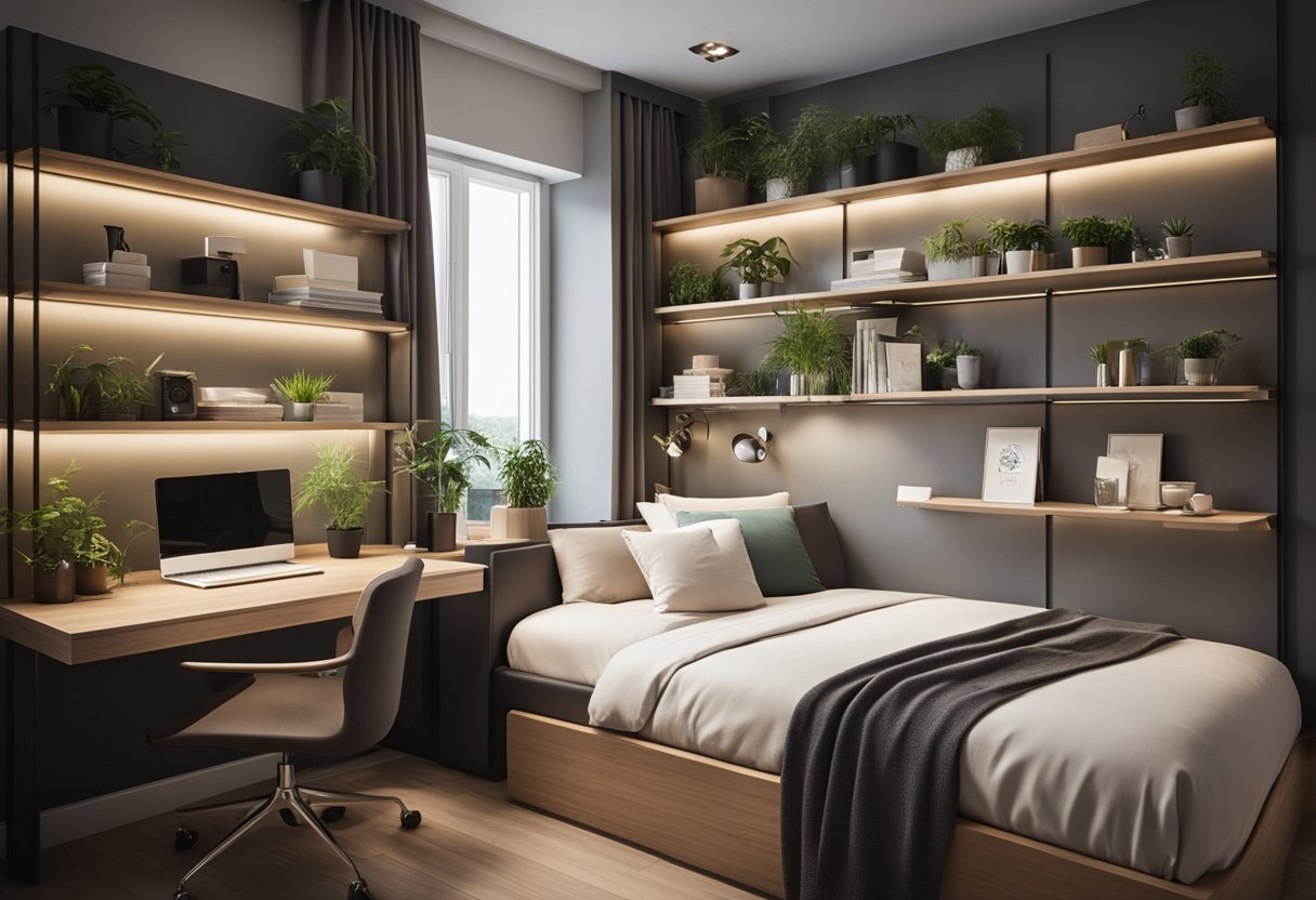 A single bed is positioned against the wall, with a built-in desk and shelves maximizing space. A mirror and small plants add a touch of warmth and functionality