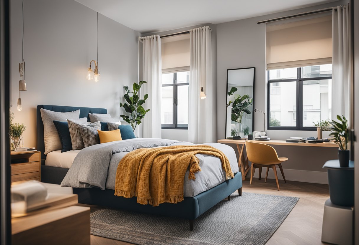 A cozy, modern single bedroom with sleek furniture, vibrant color accents, and personalized decor reflecting the occupant's unique style and personality