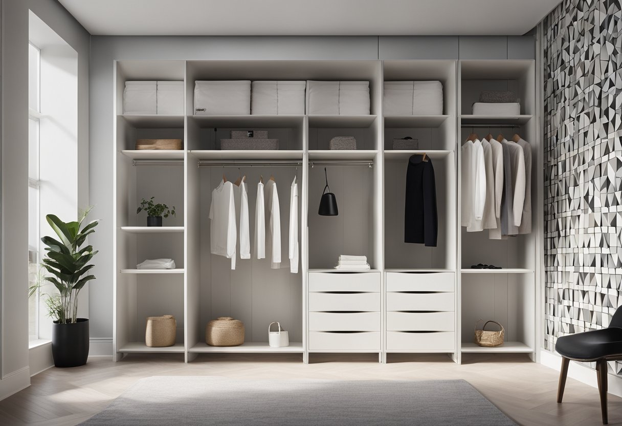 A sleek, white modern wardrobe stands against a backdrop of geometric wallpaper, with clean lines and minimalist design
