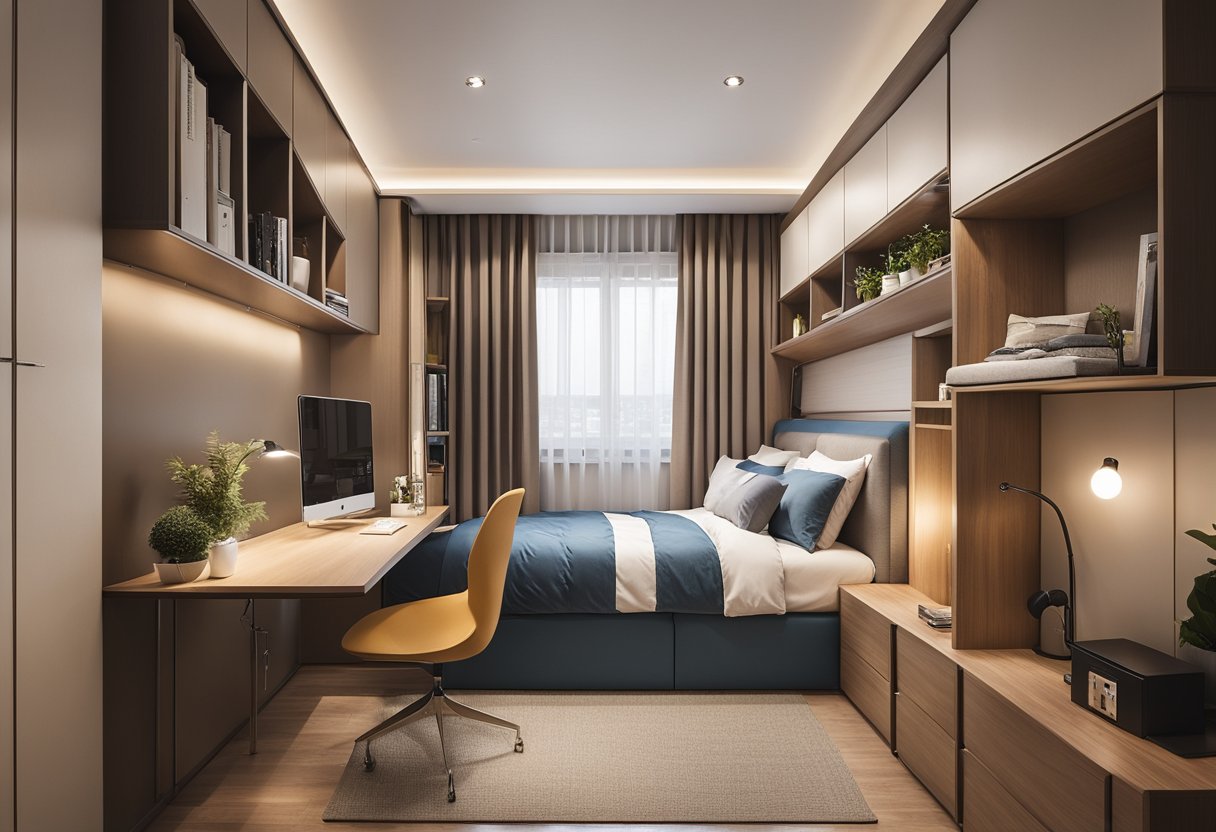 A cozy single bedroom with space-saving hdb design, featuring built-in storage, a functional study area, and a comfortable bed with a stylish headboard
