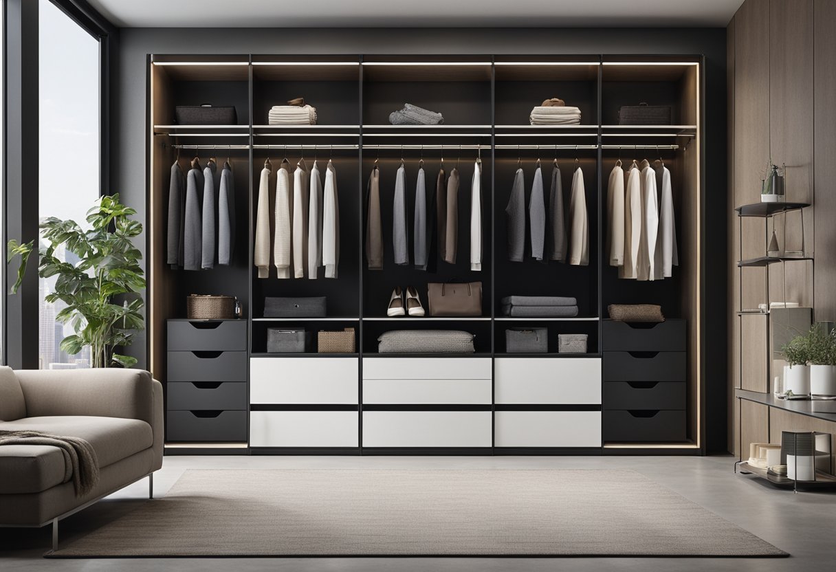 A sleek, modern wardrobe stands against the wall, with sliding doors and adjustable shelves. The interior is organized with hanging rails and drawers, maximizing storage space