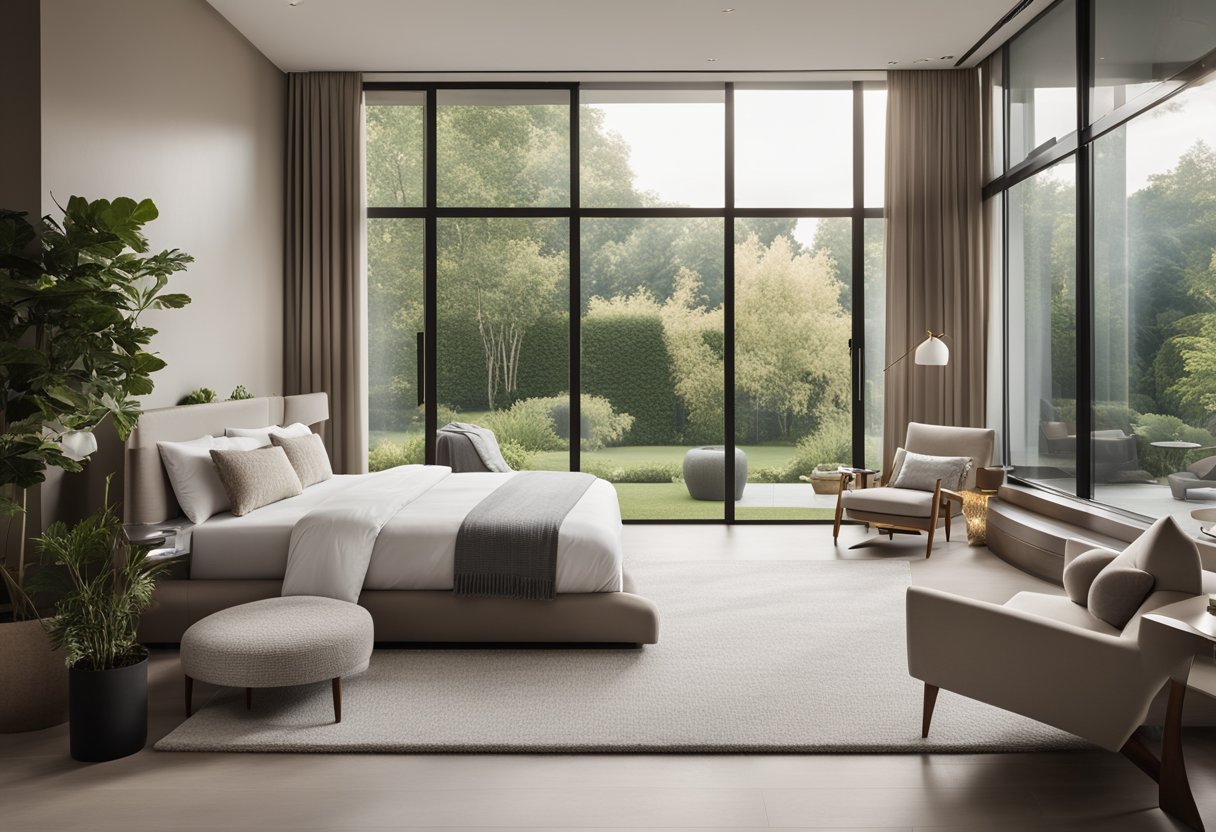 A spacious bedroom with a king-sized bed, cozy seating area, and floor-to-ceiling windows overlooking a serene garden. The room is adorned with modern furniture, soft lighting, and neutral tones for a calming atmosphere