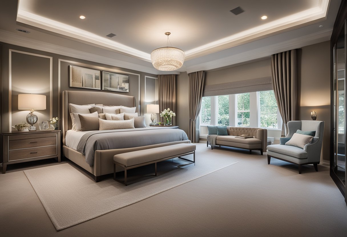 A spacious master bedroom with elegant furnishings, soft lighting, and plush bedding, creating a luxurious retreat