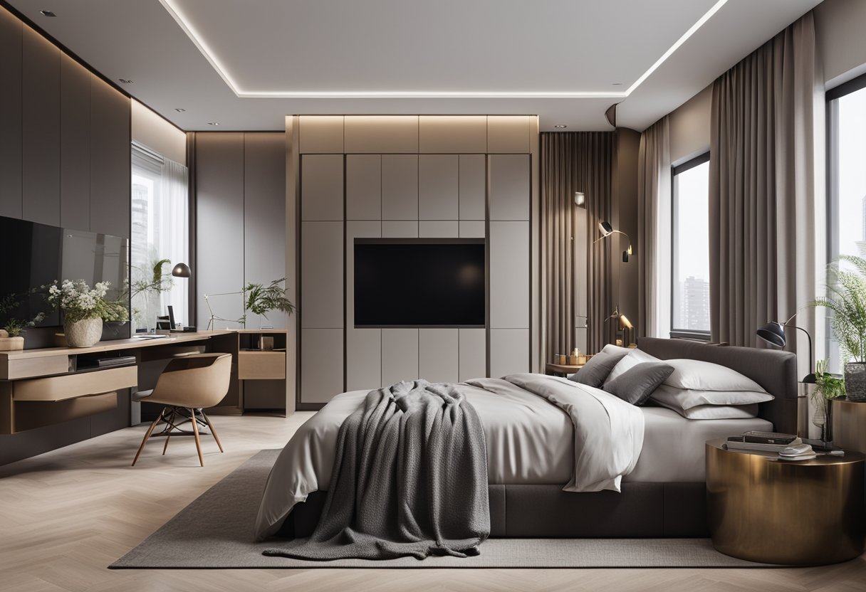 A spacious bedroom with modern furniture, ample storage, and stylish decor. A large bed with luxurious bedding, a cozy reading nook, and a sleek desk area