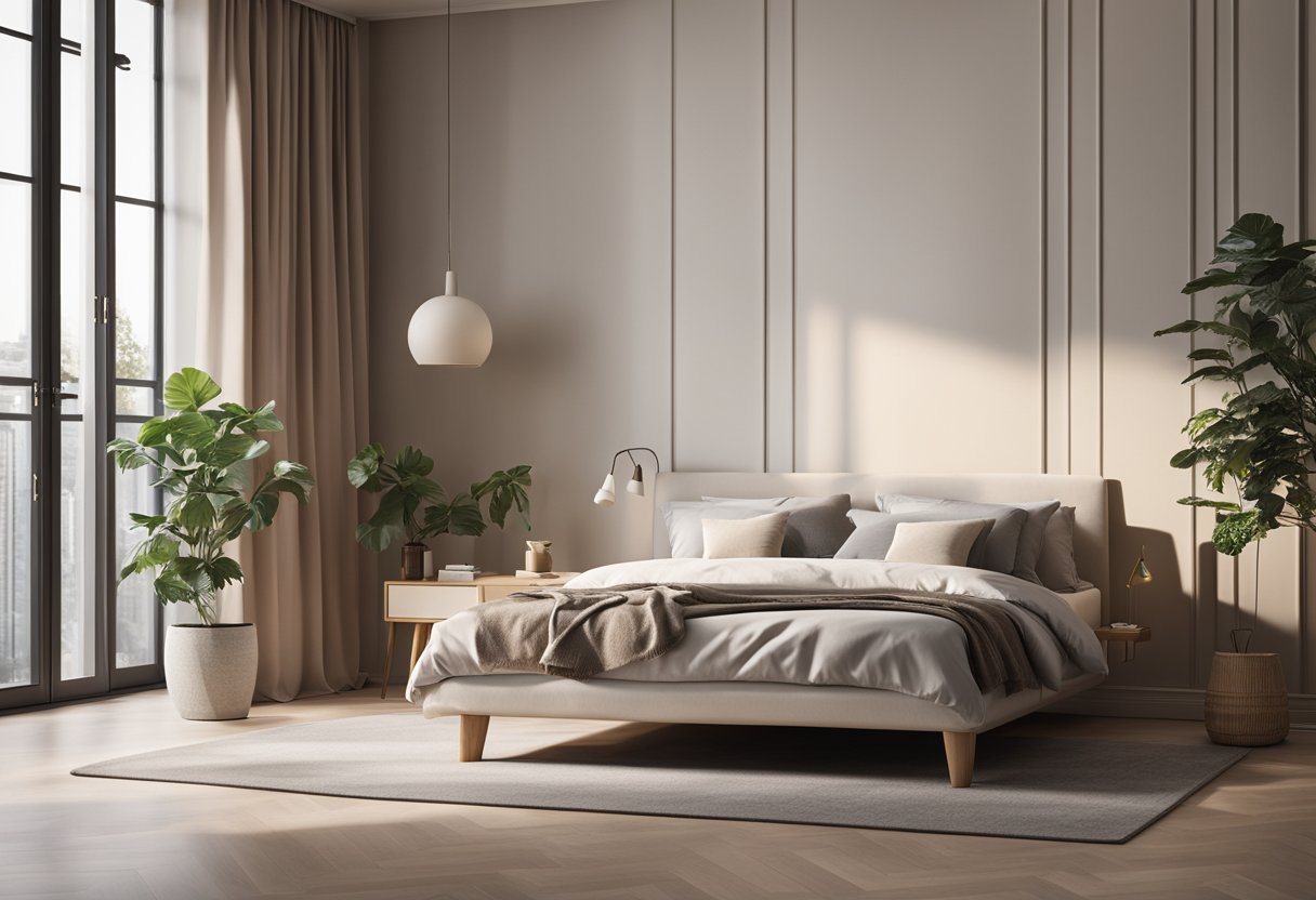A spacious bedroom with modern furniture and a cozy reading nook. Neutral colors and natural light create a serene atmosphere