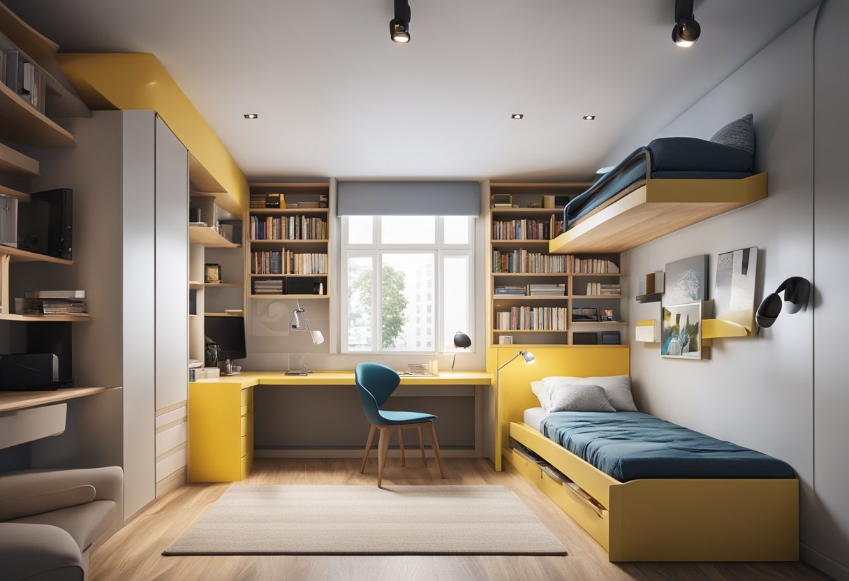 A 10x10 bedroom with a loft bed, built-in storage, and a fold-out desk. Bright colors and minimalistic decor create a sense of spaciousness