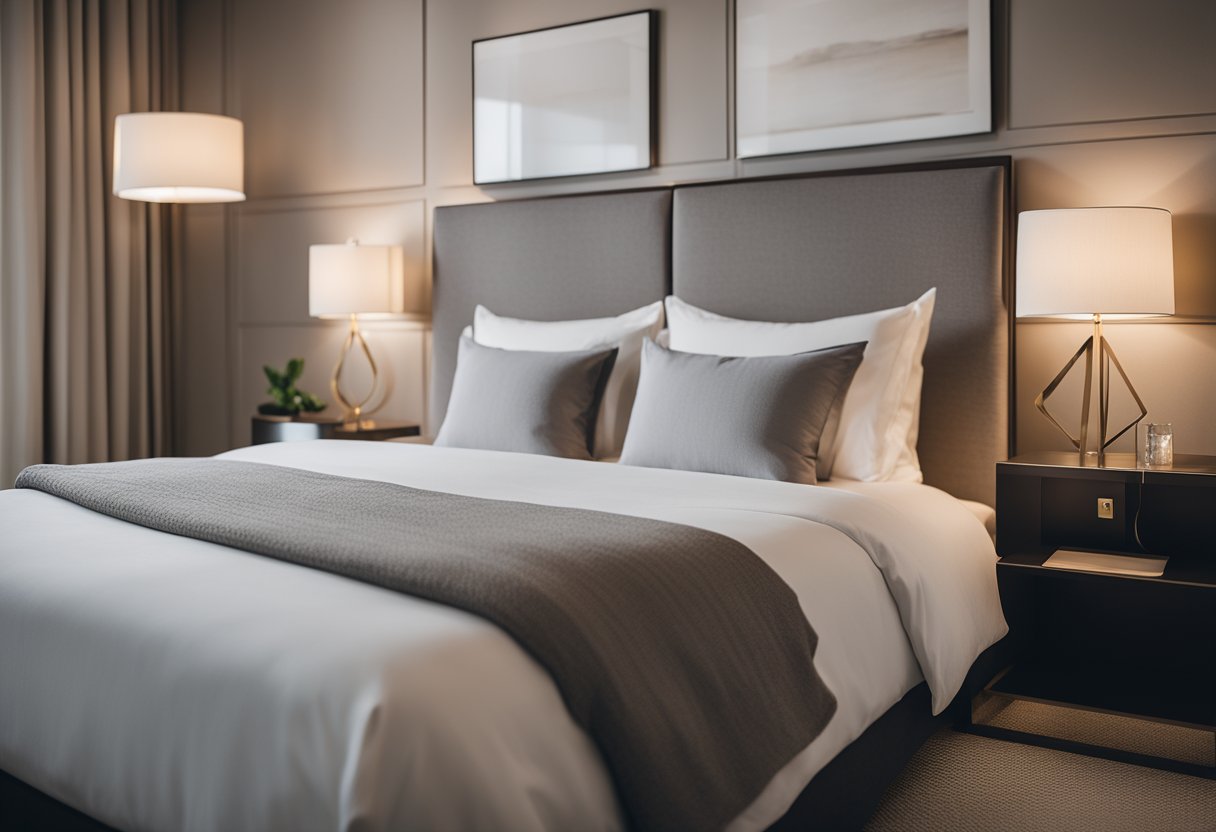 A hotel-style bedroom with a neatly made bed, fluffy pillows, a sleek nightstand, and soft lighting. Clean lines, neutral colors, and minimal clutter create a serene and elegant atmosphere