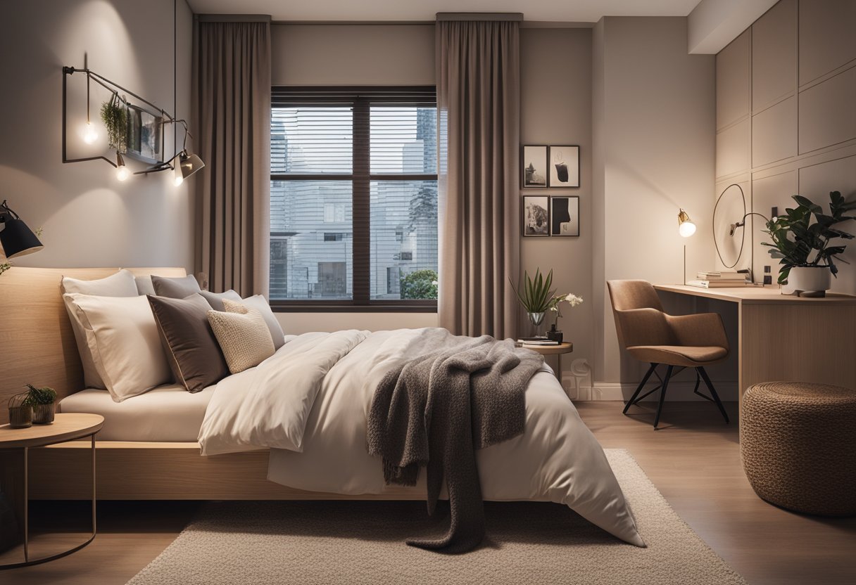 A cozy 10x10 bedroom with warm lighting, soft textiles, and a comfortable bed. The room features neutral colors, a plush rug, and a small reading nook by the window