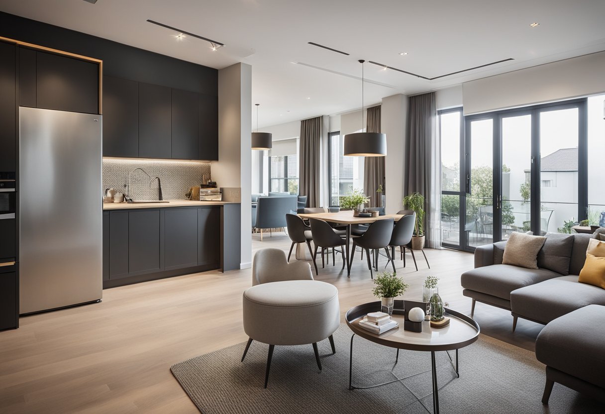 A 3-bedroom flat with modern architectural style, featuring an open floor plan with a spacious living area, kitchen, and dining space