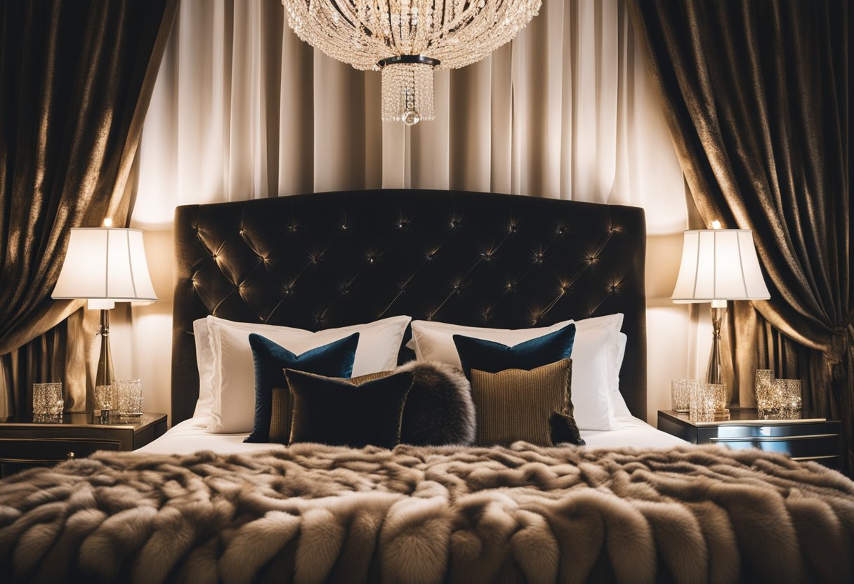 A plush velvet throw drapes over the king-sized bed, adorned with satin pillows and a faux fur throw. A crystal chandelier hangs above, casting a warm glow over the opulent decor