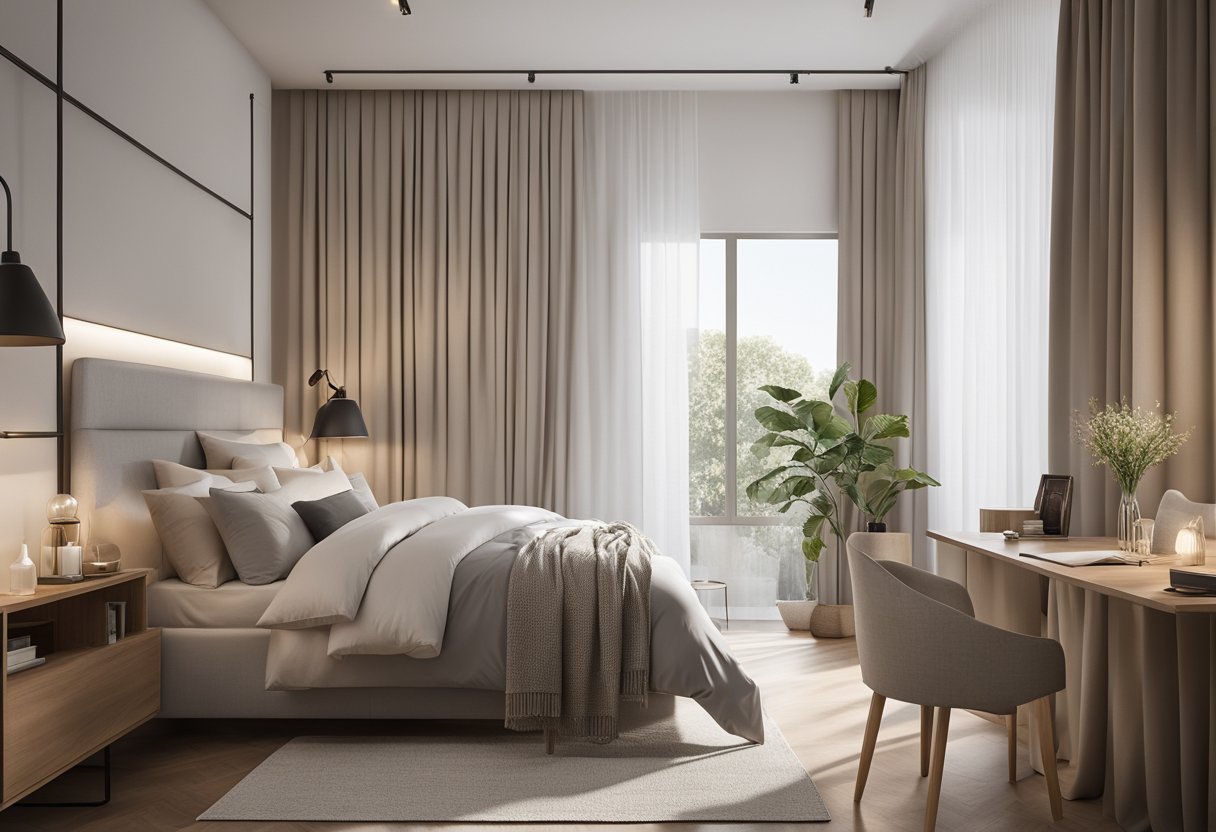 A cozy 10x10 bedroom with a minimalist design. A queen-size bed with neutral bedding, a small desk with a chair, and a built-in closet. A large window with sheer curtains lets in natural light