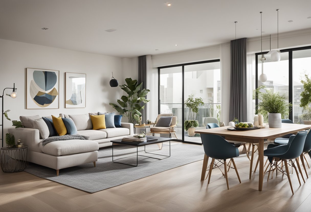 A spacious 3-bedroom flat with an open floor plan, modern design, and ample natural light. The living room flows seamlessly into the dining area and kitchen, creating a perfect space for entertaining