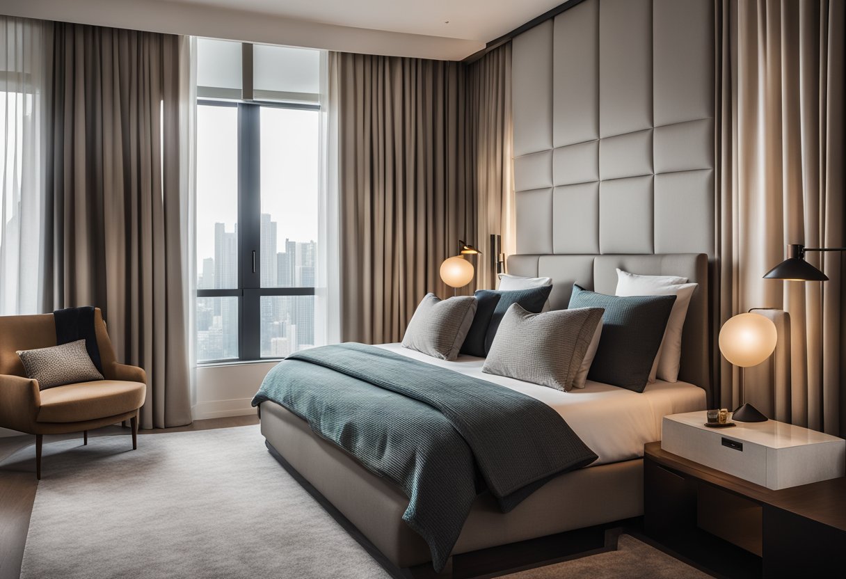 A cozy hotel-style bedroom with a neatly made bed, fluffy pillows, a sleek desk, and a modern lamp. The room is adorned with elegant curtains, minimalist artwork, and a plush area rug