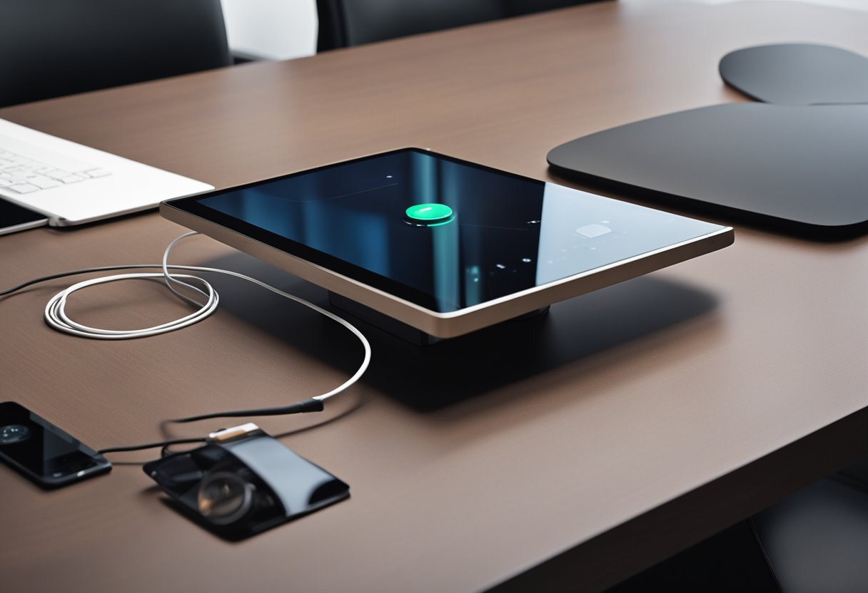 The office table is sleek and modern, with built-in charging ports and cable management. The tabletop features a minimalist design with integrated storage compartments