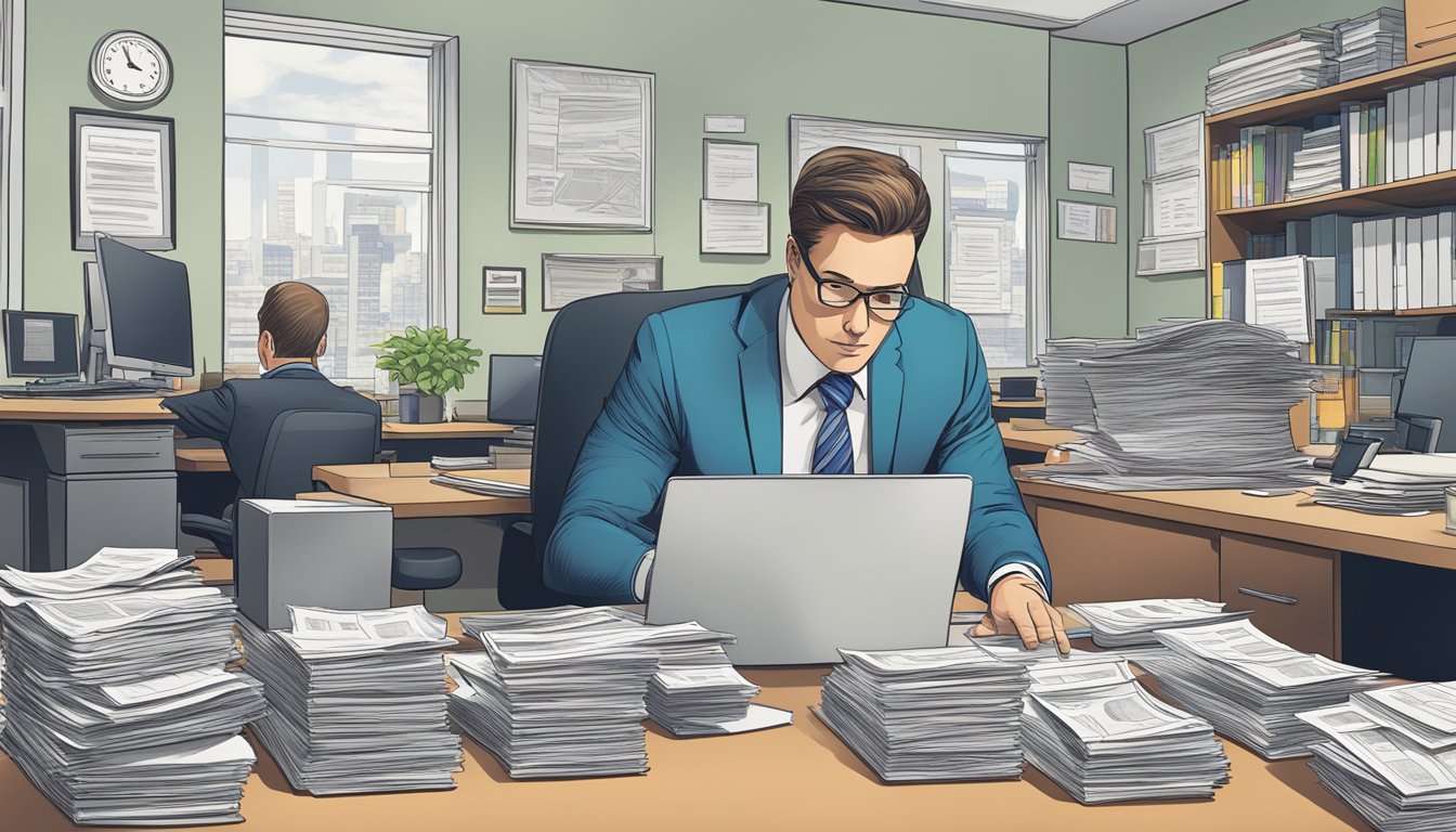 A bustling office with a desk stacked high with paperwork, a computer screen displaying financial data, and a banker reviewing loan documents