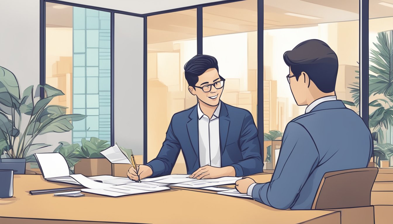 A business owner signs a loan agreement with a Singaporean financial institution, exchanging documents and shaking hands with the loan officer