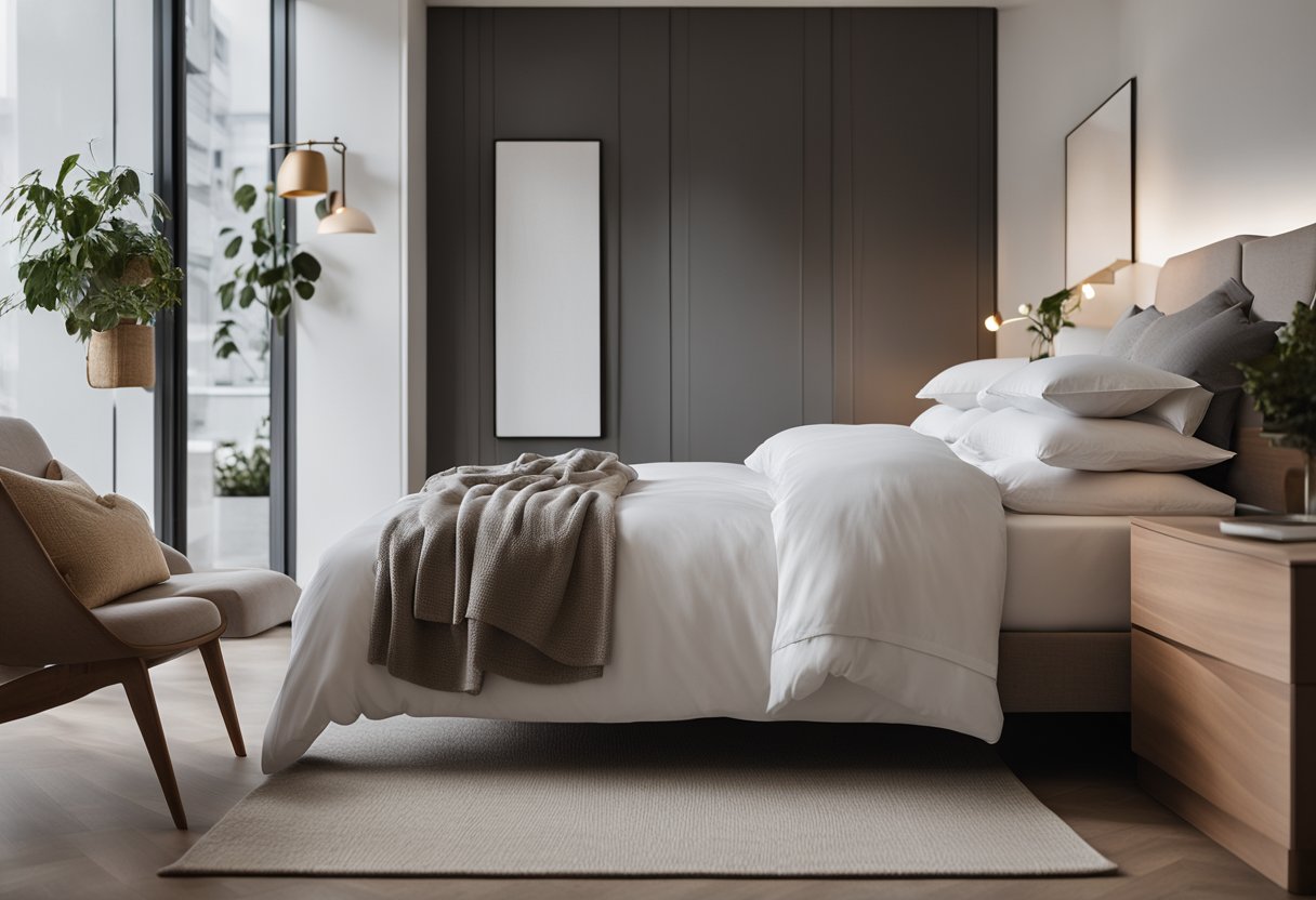 A cozy bedroom with a modern, minimalist design. A comfortable bed with clean, white linens. Sleek, functional furniture and storage solutions. Soft, warm lighting and natural elements for a calming atmosphere