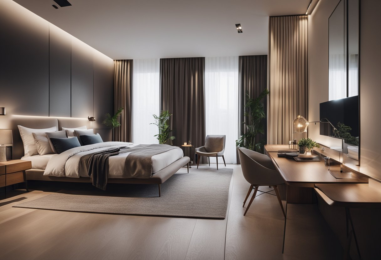 A cozy bedroom with a modern bed, sleek nightstands, and a stylish wardrobe. Soft lighting and minimalist decor create a tranquil atmosphere