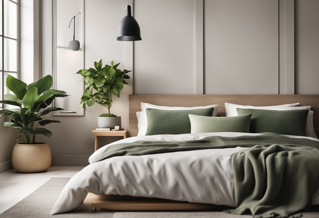 A cozy bedroom with a minimalist design, featuring a sleek bed frame, soft neutral-toned bedding, and a stylish nightstand with a modern lamp. The room is accented with green plants and framed artwork, creating a calming and inviting atmosphere