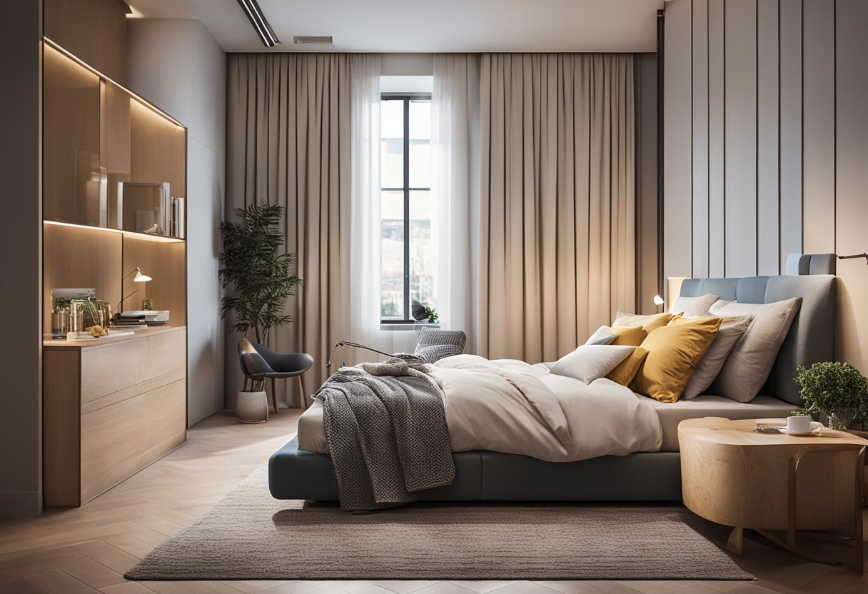 A cozy bedroom with modern furniture and storage solutions. Bright colors and clean lines create a welcoming atmosphere. Textured rugs and soft lighting add warmth
