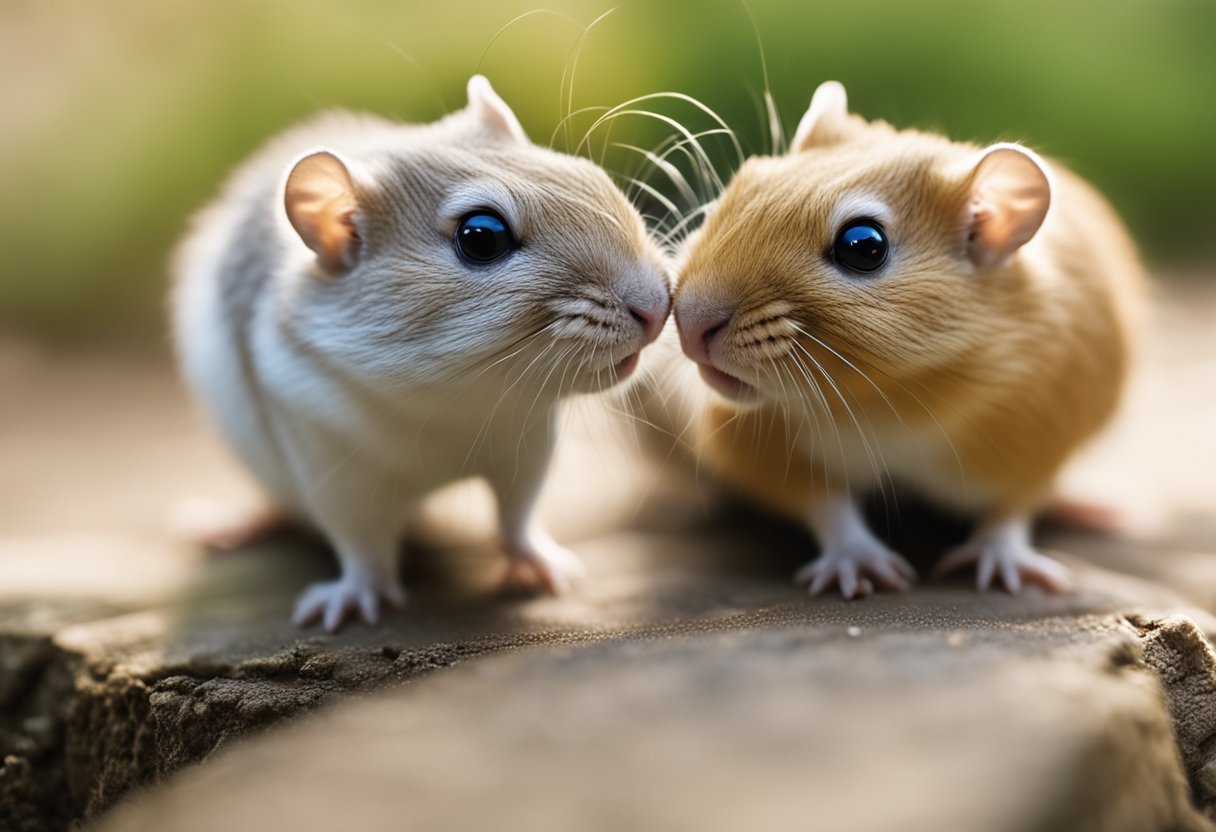 Two gerbils nuzzle each other's noses, their tiny whiskers touching as they show affection