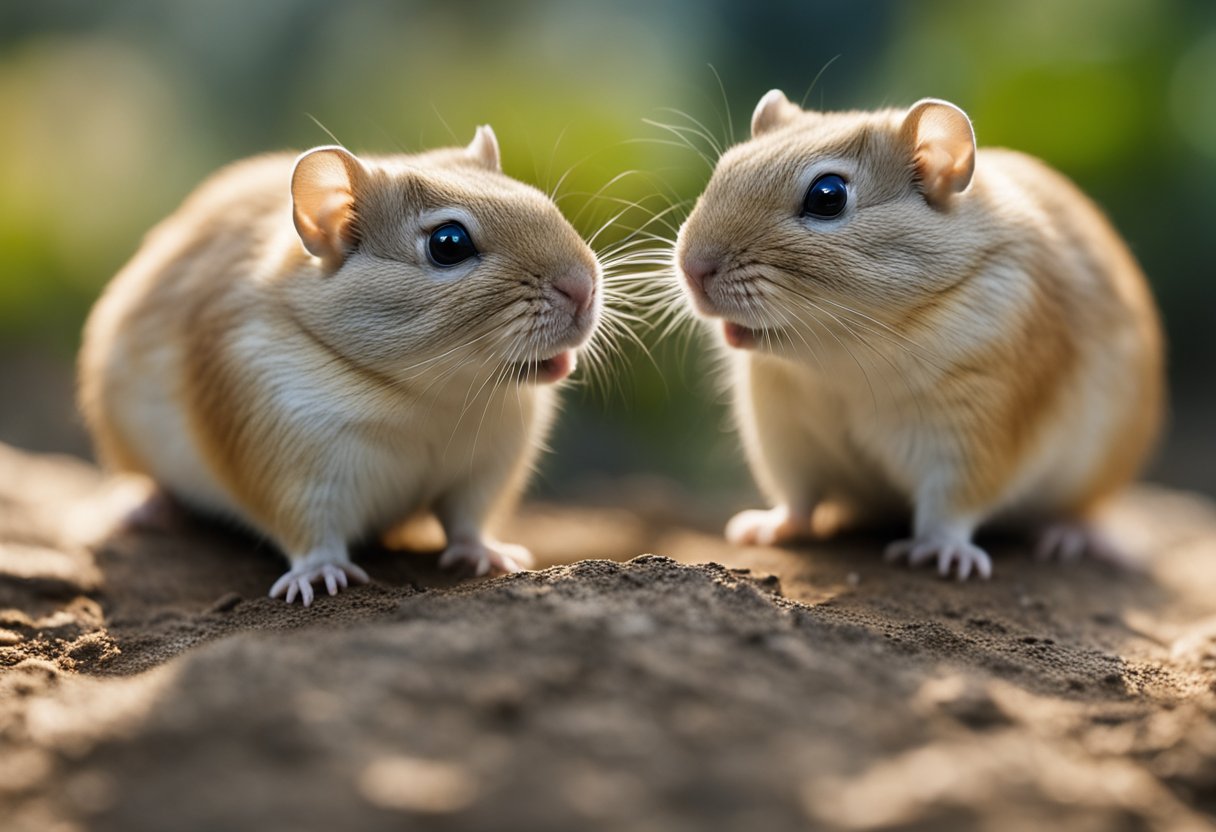 Two gerbils gently touch their noses together, displaying affection and bonding in their natural habitat
