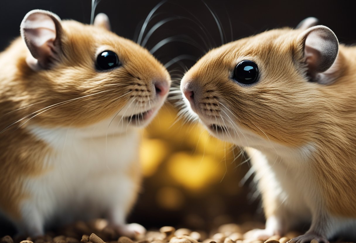 Two gerbils touching noses, one with eyes closed