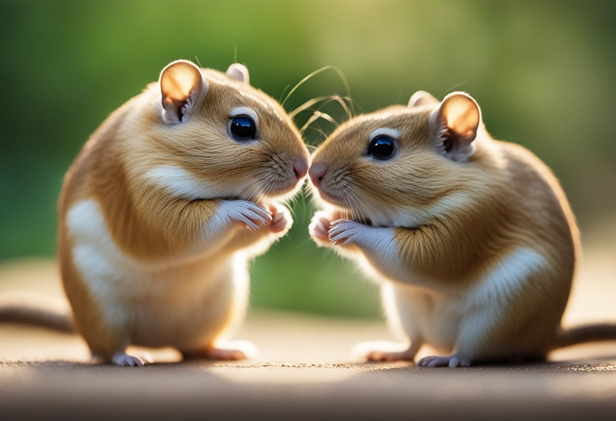 Two gerbils facing each other, noses touching, with their eyes closed in a tender moment