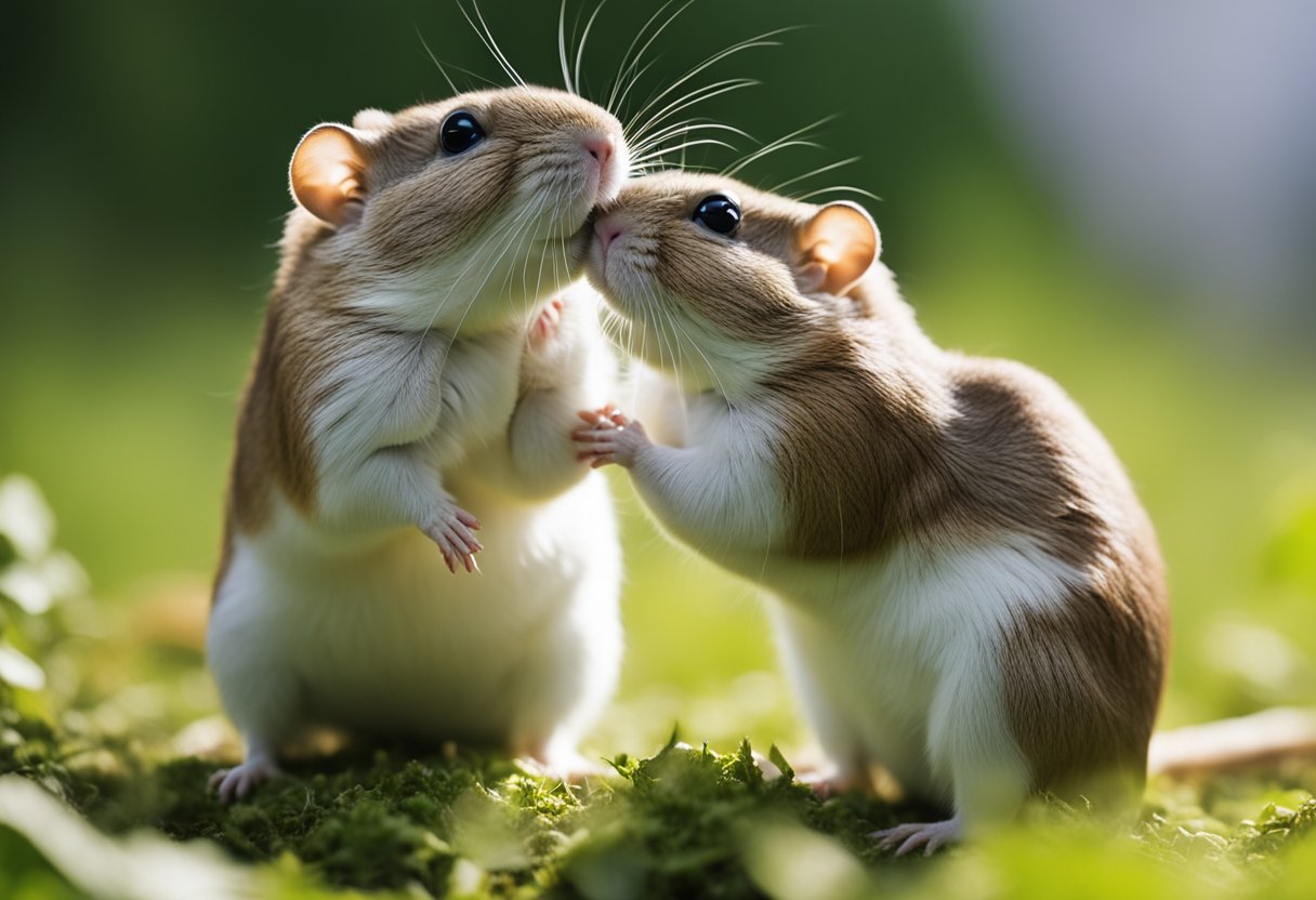 Two gerbils nuzzle each other, their noses touching in a gentle and affectionate manner