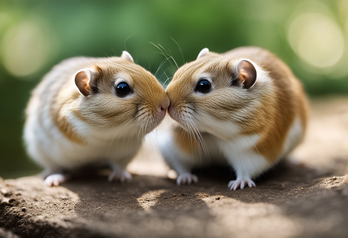 Two gerbils facing each other with their noses touching, appearing to be kissing