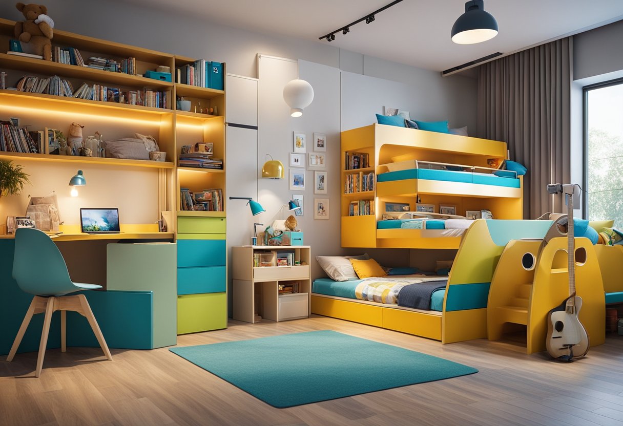 Three kids' bedroom with colorful bunk beds, toy-filled shelves, and a cozy reading nook with soft cushions and a bright lamp