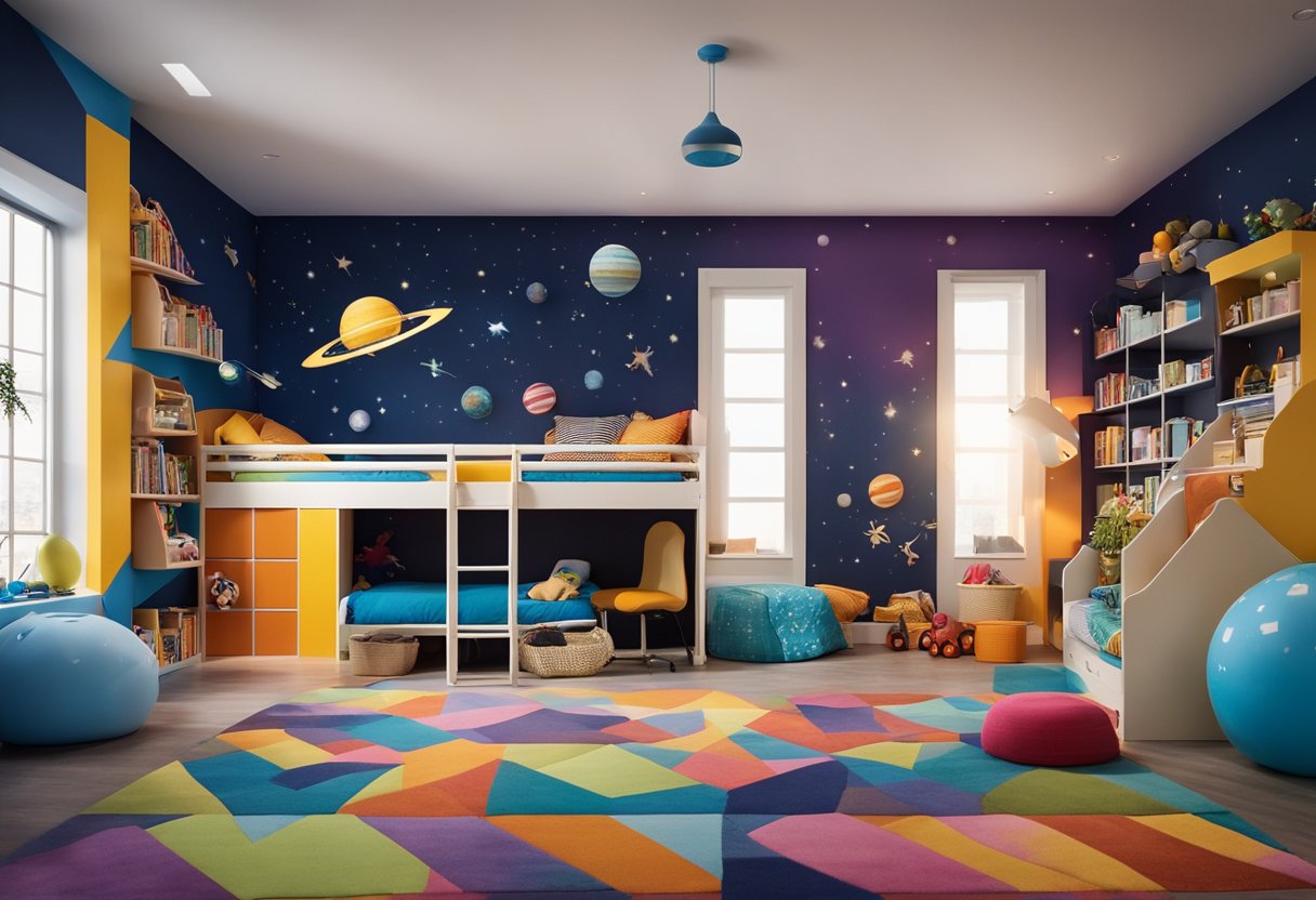 Three kids' bedroom with bunk beds, colorful rugs, and storage bins. Brightly painted walls with space-themed murals. Shelves filled with books and toys