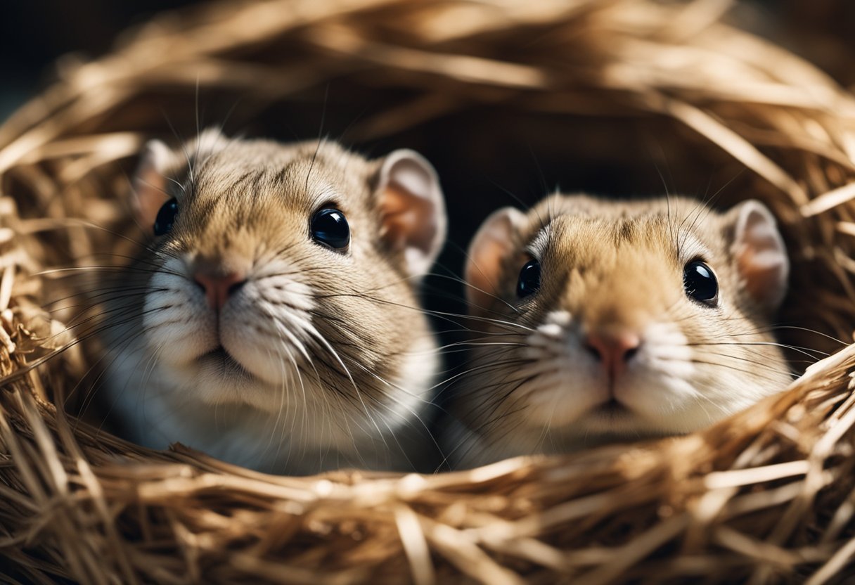 Gerbils huddle in a cozy nest, nestled close together, their eyes peacefully closed as they sleep soundly