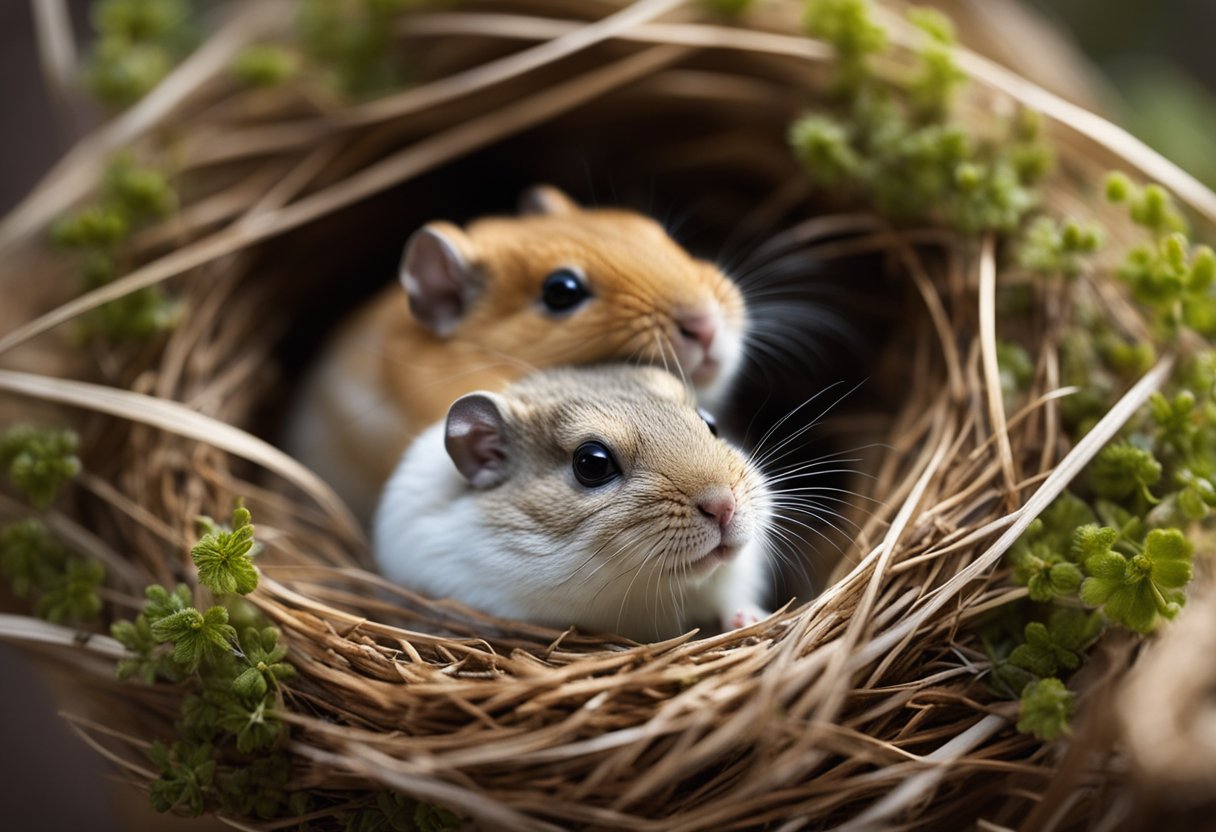 Two gerbils cuddle in a cozy nest, their eyes closed in peaceful slumber, their tiny bodies nestled closely together