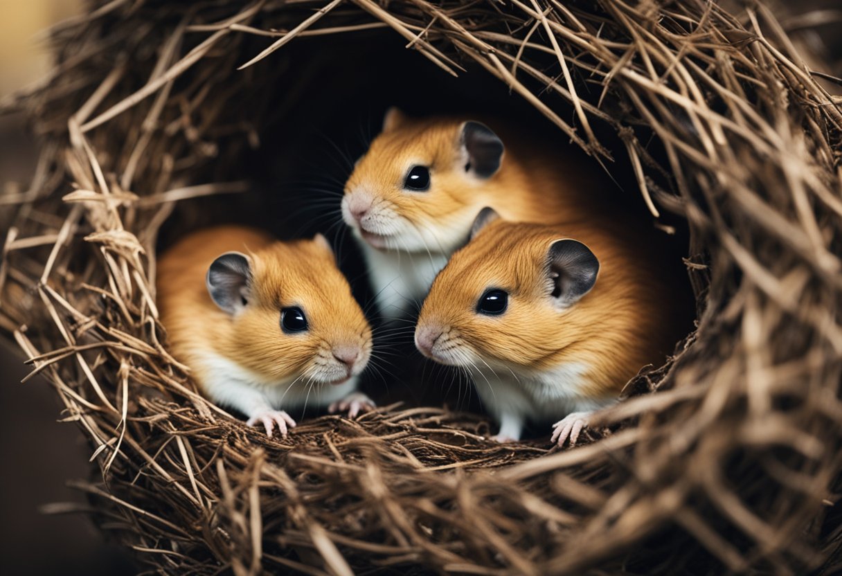 Gerbils huddle closely in a cozy nest, their small bodies intertwined as they doze peacefully together