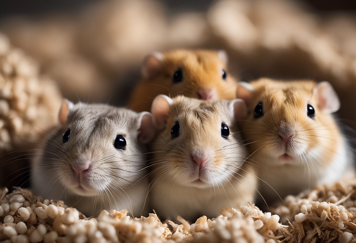 Several gerbils huddle closely together, nestled in soft bedding, their tiny bodies curled up in peaceful slumber