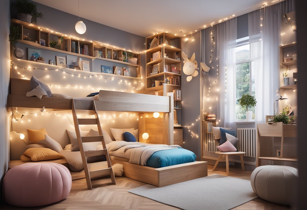 A cozy kids' bedroom with colorful wall decals, a playful bunk bed, and a whimsical reading nook with fairy lights and plush cushions