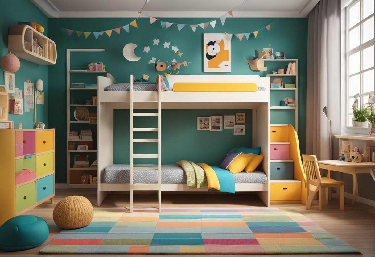 A cozy kids' bedroom with colorful decor, a bunk bed, and a study area. Toys and books are neatly organized, and there's a playful rug on the floor