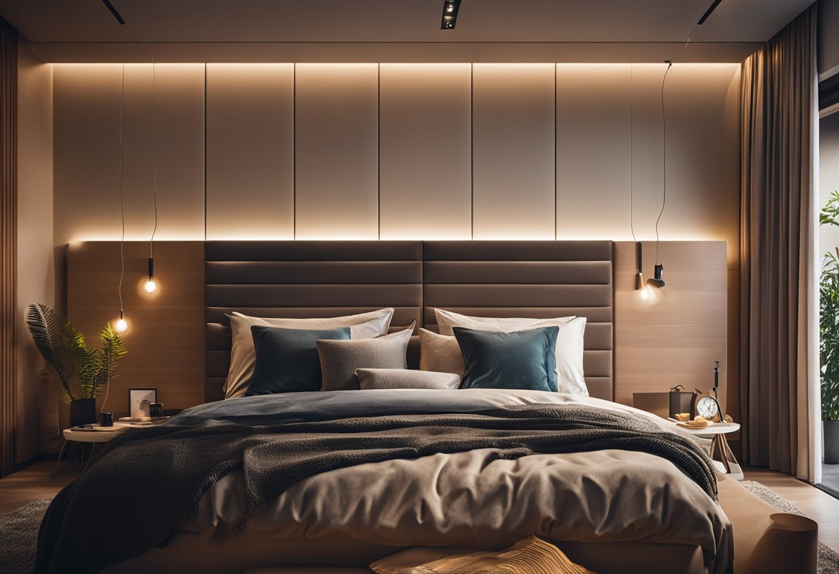 A cozy bedroom with LED lights lining the headboard and ceiling, casting a warm and inviting glow throughout the room