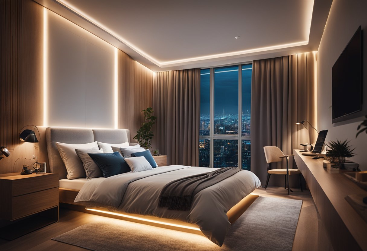 A cozy bedroom with LED strip lights lining the ceiling and around the bed, creating a warm and inviting ambiance