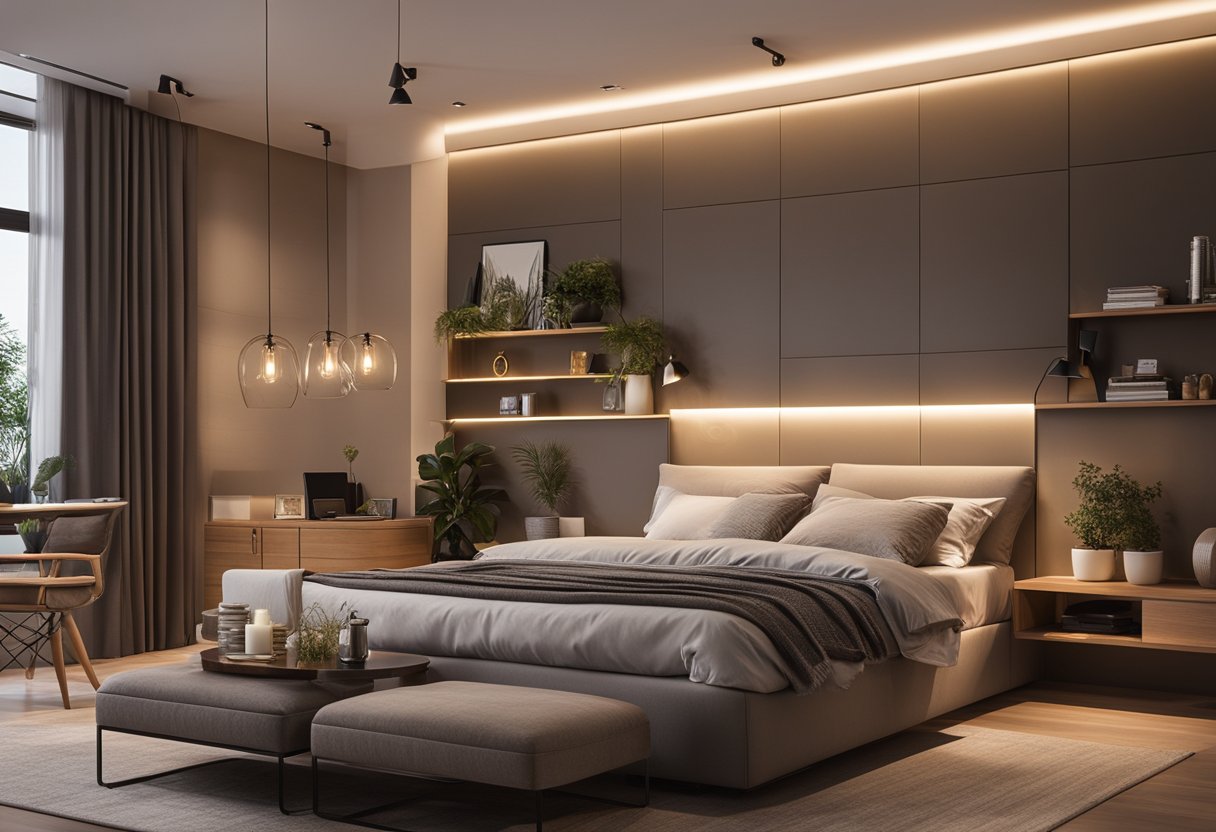 A cozy bedroom with LED lights integrated into the headboard, shelves, and ceiling, creating a warm and inviting atmosphere