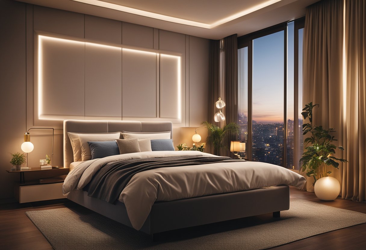 A cozy bedroom with LED lights integrated into the design, creating a warm and inviting atmosphere