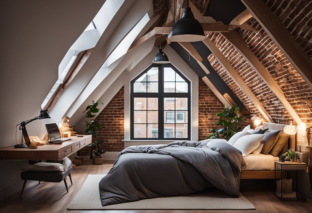 A cozy loft bedroom with a sloped ceiling, exposed brick walls, and large windows. A queen-sized bed with a plush comforter and throw pillows sits against one wall, while a small desk and chair create a workspace near the window