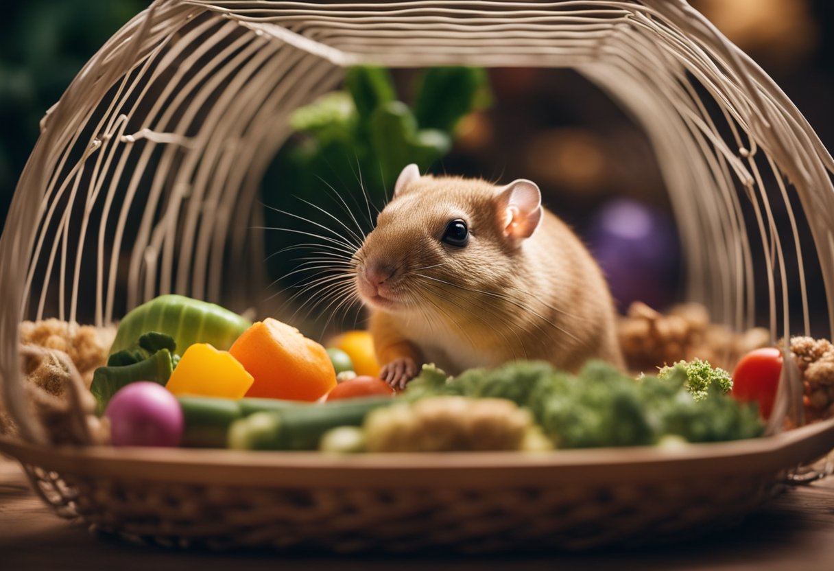 A gerbil sits in a spacious cage, surrounded by toys and a cozy nest. It nibbles on a piece of fresh vegetable, content and alone