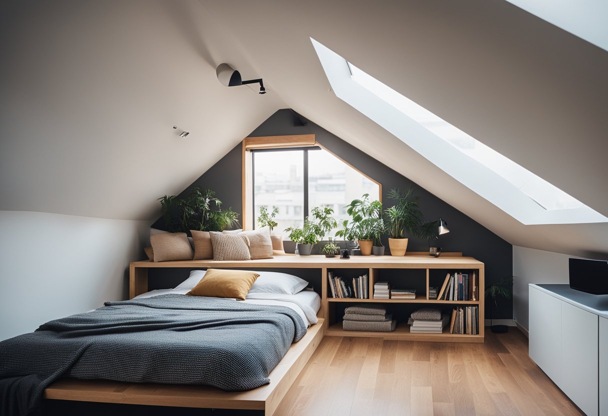 A loft bedroom with a raised platform bed, built-in storage, and a cozy reading nook under a skylight