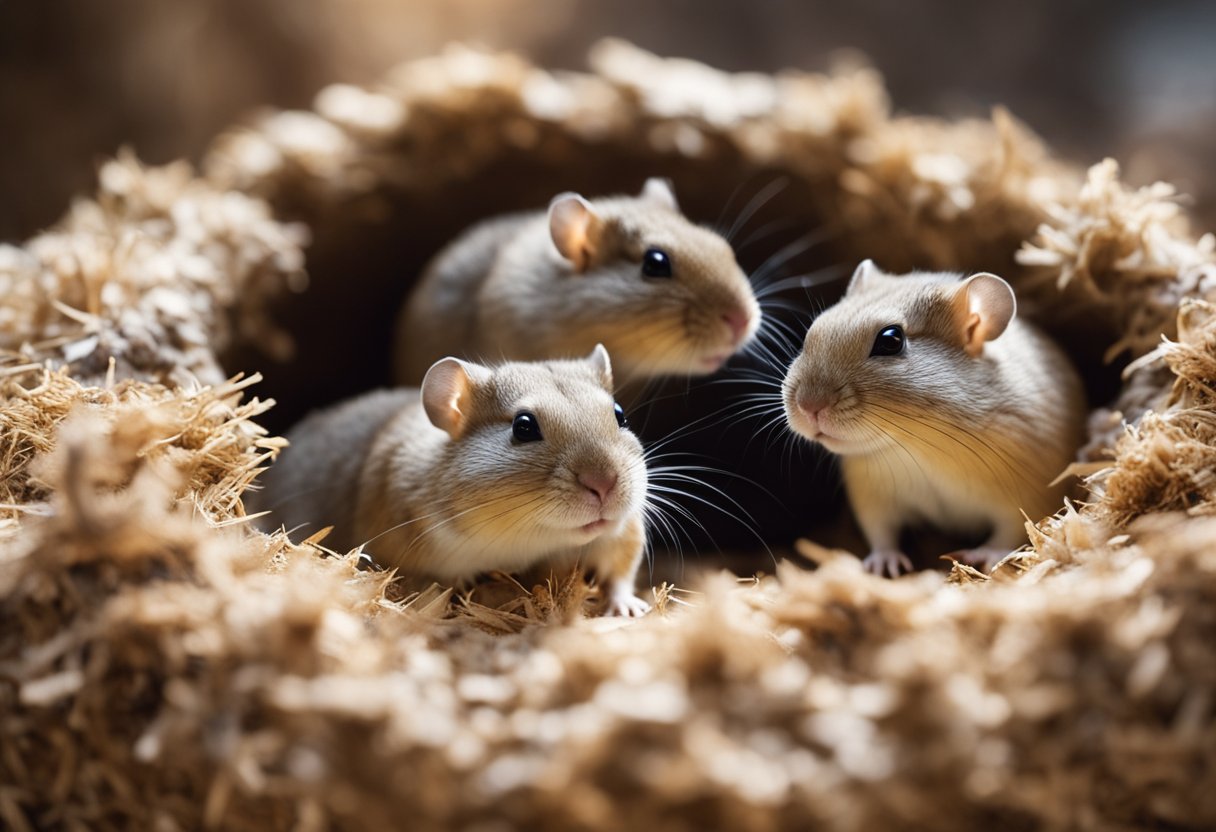 A group of gerbils huddle together in a cozy burrow, some grooming each other while others playfully interact, showcasing their social nature