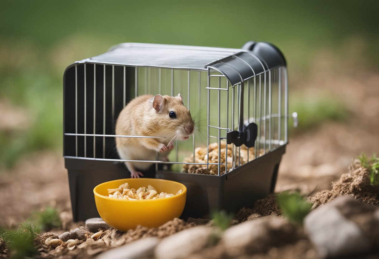 A solitary gerbil in a cozy cage with a wheel, water bottle, and bedding. The gerbil is happily nibbling on a treat and exploring its surroundings